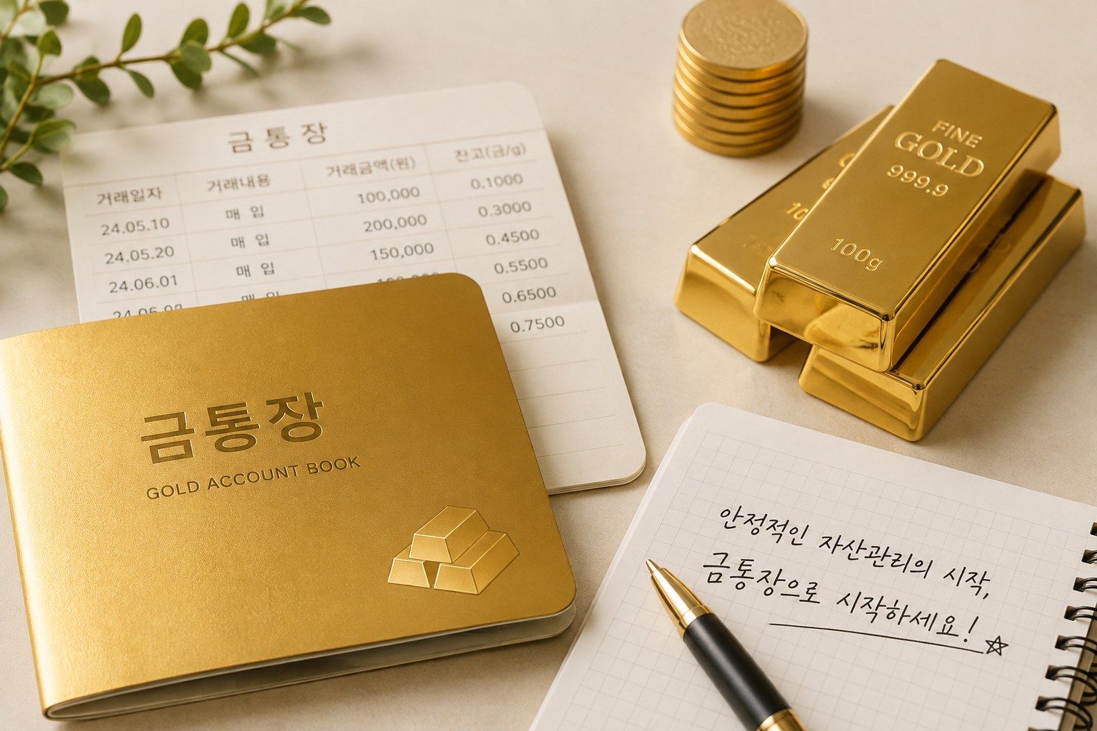 그램 단위로 거래 내역이 기록되는 금 통장 금 통장(골드뱅킹) 통장과 골드바·금화, 거래 내역이 함께 놓여 있는 모습