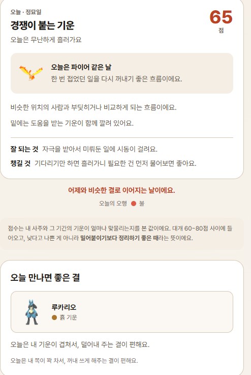 오늘의 운세 : 100점 만점 점수와 함께 오늘 만나면 좋은 포켓몬도 알려준다 (출처: 내 운명의 포켓몬 웹사이트 캡처) '오늘의 운세' 결과 화면. 65점이라는 점수와 함께 경쟁이 붙는 기운이라는 오늘의 운세 요약, 오늘 만나면 좋은 포켓몬으로 루카리오가 표시돼 있다