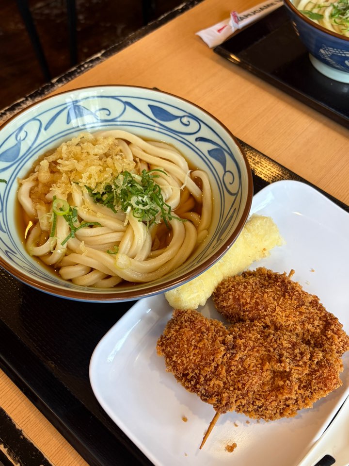카케 우동과 튀김 커틀릿 꼬치 카케 우동과 튀김 커틀릿 꼬치를 가까이서 찍은 사진