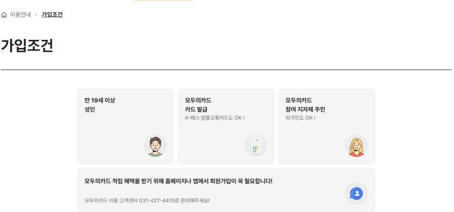 모두의카드 공식 홈페이지, 가입조건 안내 모두의카드 공식 홈페이지 가입조건 안내 화면 캡처. "만 19세 이상 성인", "모두의카드 카드 발급(K-패스·알뜰교통카드도 가능)", "모두의카드 참여 지자체 주민(외국인도 가능)" 세 가지 조건과 함께, 회원가입이 꼭 필요하다는 안내 문구가 표시되어 있다