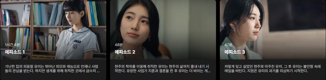 안나 회차별 스틸컷 안나 회차 정보 화면 캡처, 1화 교복을 입은 유미의 학창 시절 모습과 2화 3화 이유미 안나로 이어지는 스틸컷이 나란히 배치되어 있다