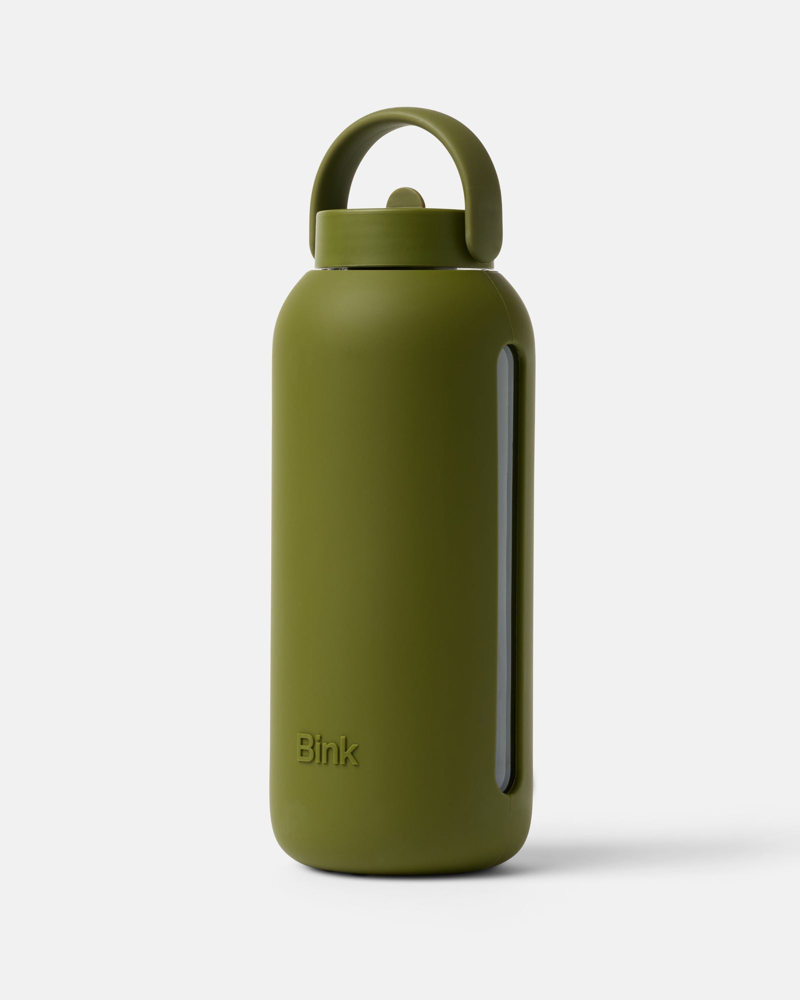 빈크 36oz 빅보틀 연한 올리브색 빈크 36oz 빅보틀이 흰 배경 위에 세워져 있다. 원터치 플립캡과 손잡이가 일체형으로 달려 있고 몸통 옆면에는 물이 보이는 세로 홈이 파여 있다